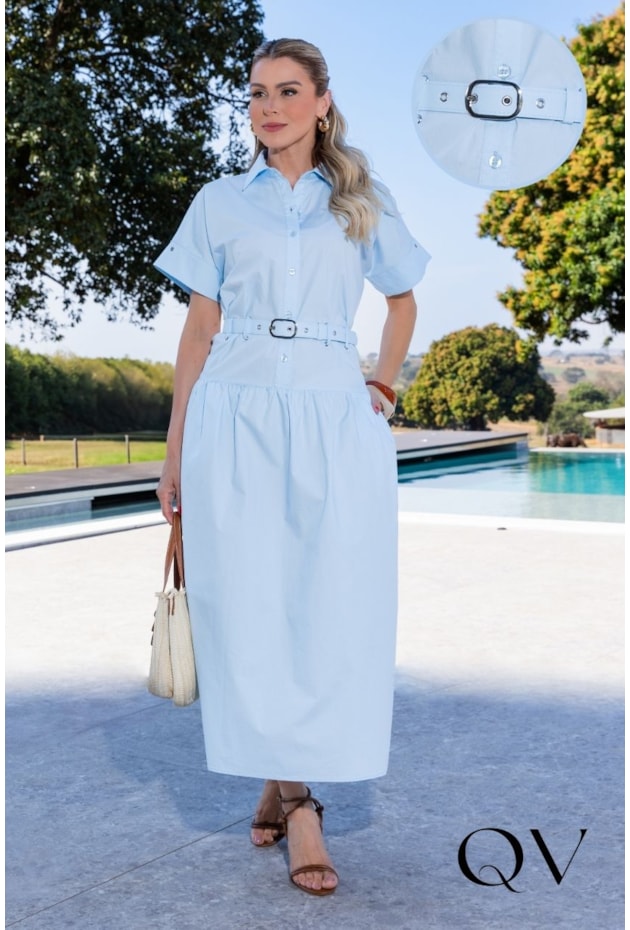 VESTIDO MAXI MIDI EM TRICOLINE CHEMISE AZUL - LUZIA FAZZOLLI