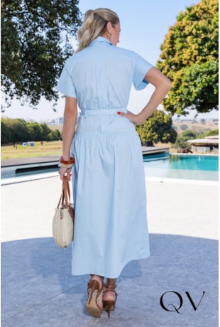 VESTIDO MAXI MIDI EM TRICOLINE CHEMISE AZUL - LUZIA FAZZOLLI