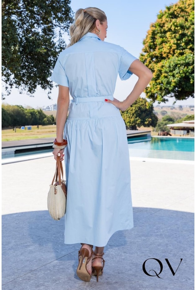 VESTIDO MAXI MIDI EM TRICOLINE CHEMISE AZUL - LUZIA FAZZOLLI