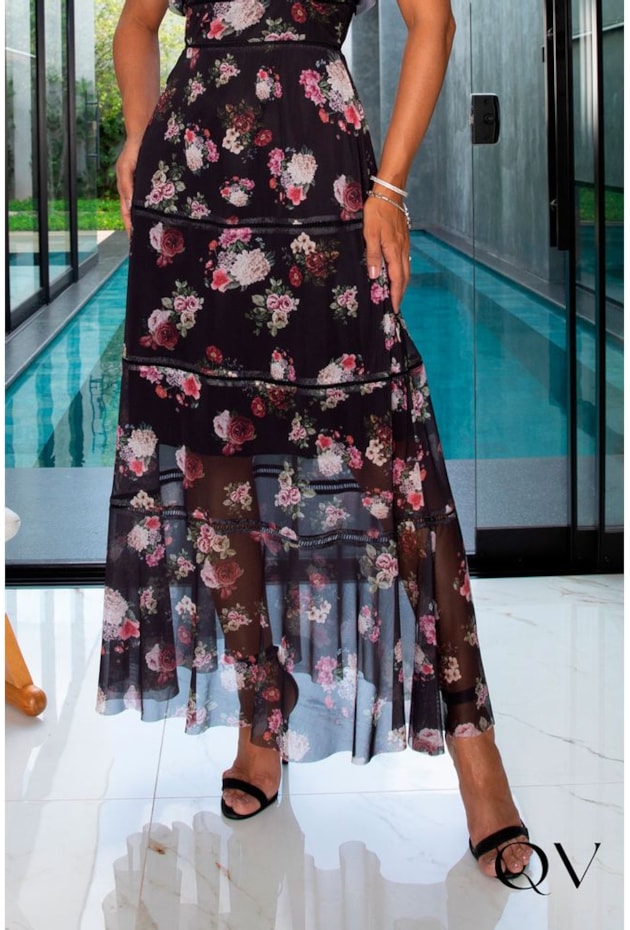 VESTIDO MAXI MIDI EM TULE FLORAL PRETO - JANY PIM