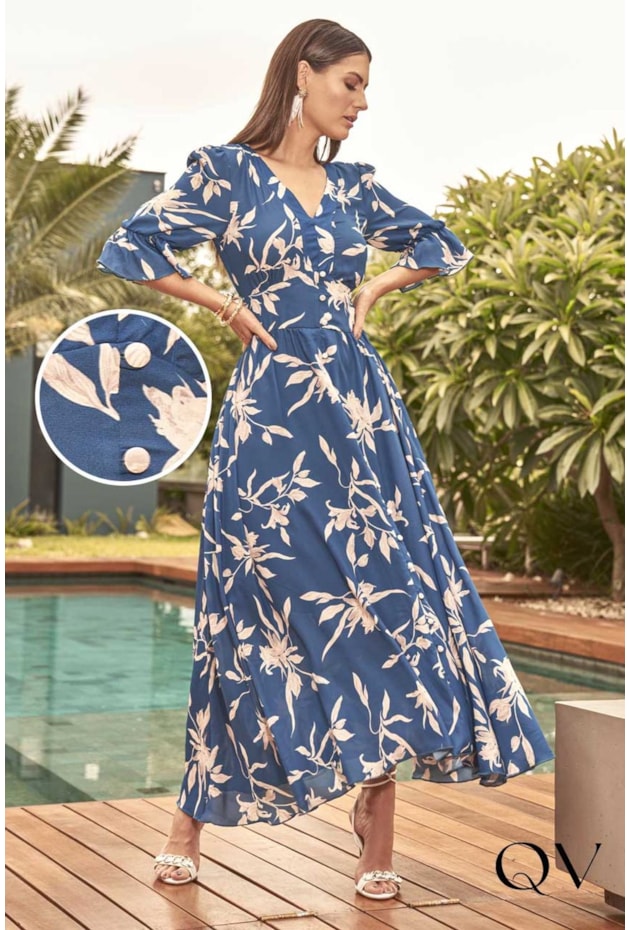VESTIDO MAXI MIDI ESTAMPA FLORAL AZUL - TITANIUM JEANS VESTIDO MAXI MIDI ESTAMPA FLORAL AZUL - TITANIUM JEANS