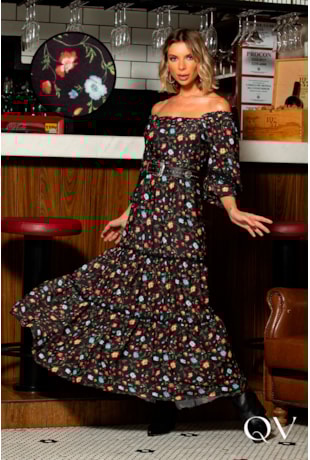 VESTIDO MAXI MIDI ESTAMPA FLORAL PRETO - EVA BELLA