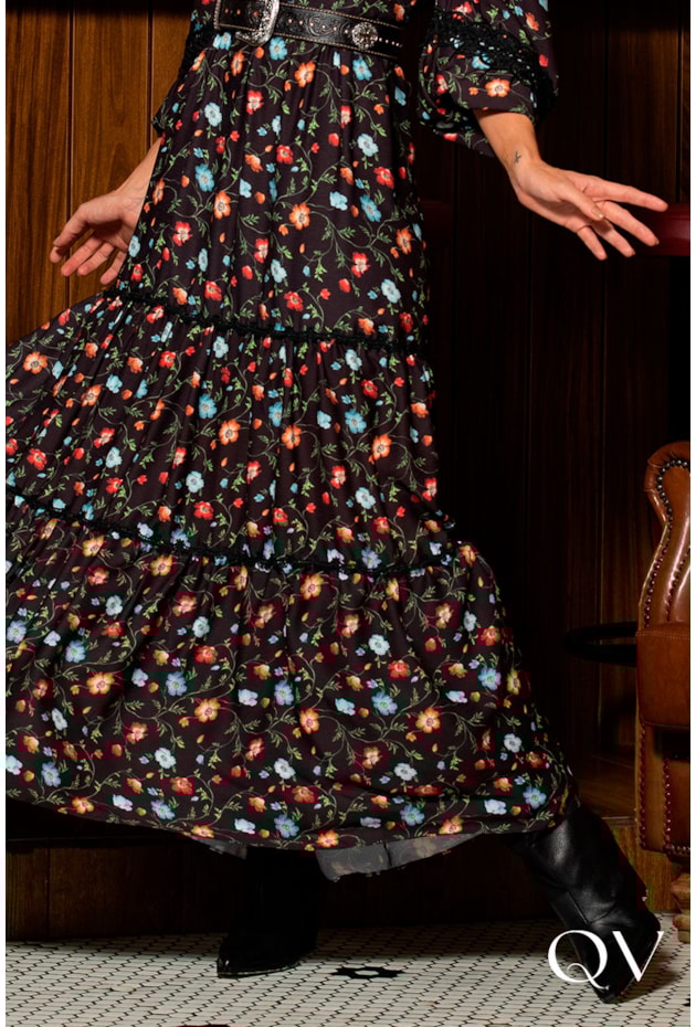 VESTIDO MAXI MIDI ESTAMPA FLORAL PRETO - EVA BELLA VESTIDO MAXI MIDI ESTAMPA FLORAL PRETO - EVA BELLA