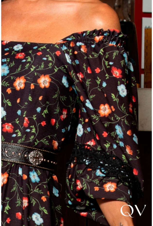 VESTIDO MAXI MIDI ESTAMPA FLORAL PRETO - EVA BELLA VESTIDO MAXI MIDI ESTAMPA FLORAL PRETO - EVA BELLA