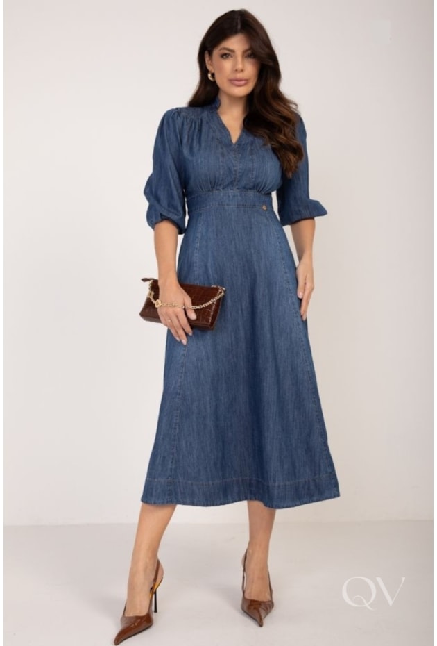 VESTIDO MAXI MIDI EVASÊ EM JEANS ESCURO - LEKAZIS