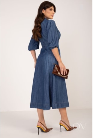 VESTIDO MAXI MIDI EVASÊ EM JEANS ESCURO - LEKAZIS