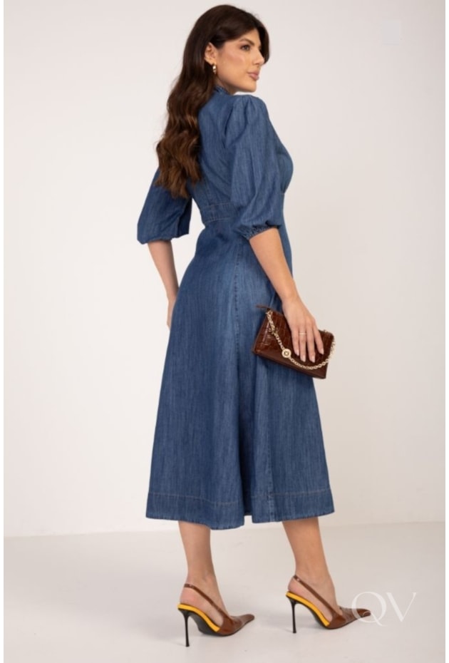 VESTIDO MAXI MIDI EVASÊ EM JEANS ESCURO - LEKAZIS