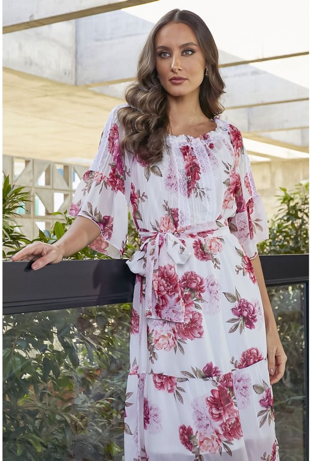 VESTIDO MAXI MIDI FLORAL OFF WHITE - JANY PIM