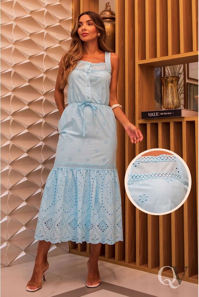 VESTIDO MAXI MIDI LAISE ALÇA BOTÕES FRONTAIS AZUL - LUZIA FAZZOLLI