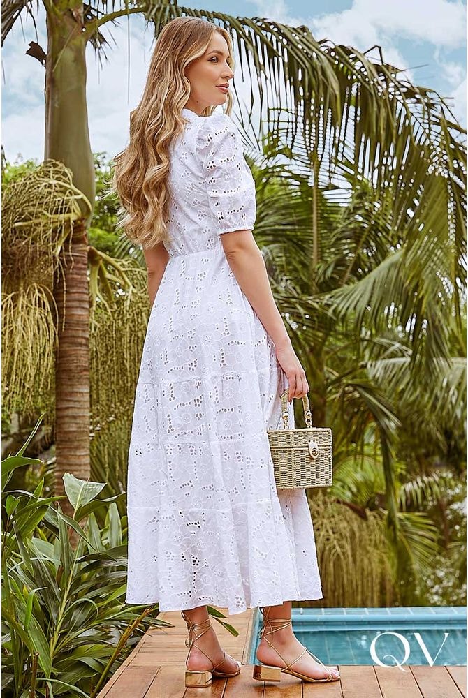 Vestido midi em laise com renda off sales white