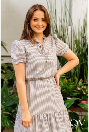 VESTIDO MAXI MIDI LISTRADO DUAS MARIAS CINZA - VALENTINA SIRRAH