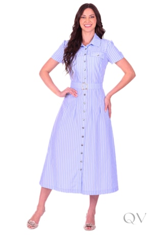 VESTIDO MAXI MIDI LISTRADO EM TECIDO PLANO AZUL - HAPUK