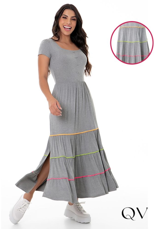 VESTIDO MAXI MIDI RECORTES COLORIDOS CINZA - HAPUK