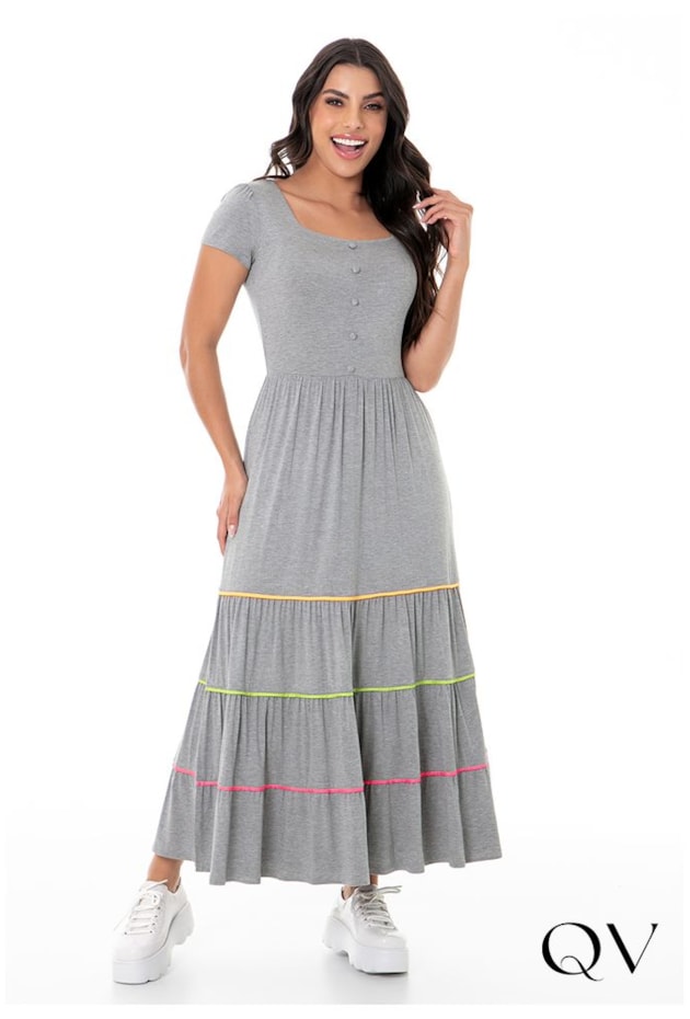 VESTIDO MAXI MIDI RECORTES COLORIDOS CINZA - HAPUK