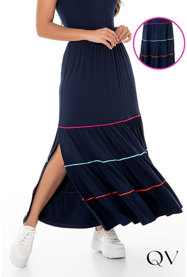 VESTIDO MAXI MIDI RECORTES COLORIDOS MARINHO - HAPUK