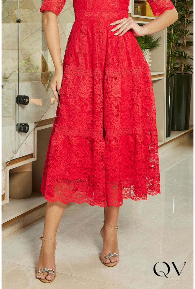 VESTIDO MAXI MIDI RENDA VERMELHO - DOCE MARIA