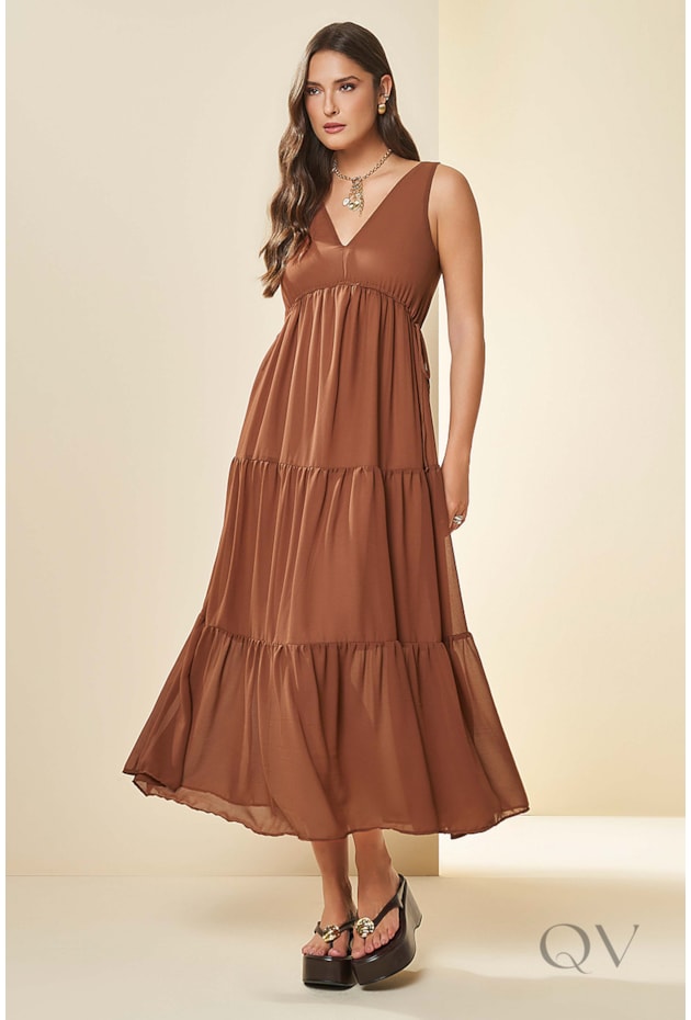 VESTIDO MAXI MIDI SEM MANGA EM PLANO MARROM - DOCE TRAMA