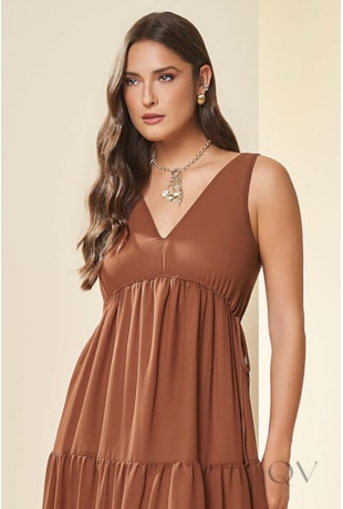 VESTIDO MAXI MIDI SEM MANGA EM PLANO MARROM - DOCE TRAMA