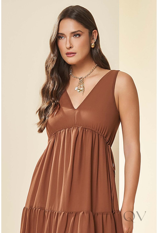 VESTIDO MAXI MIDI SEM MANGA EM PLANO MARROM - DOCE TRAMA