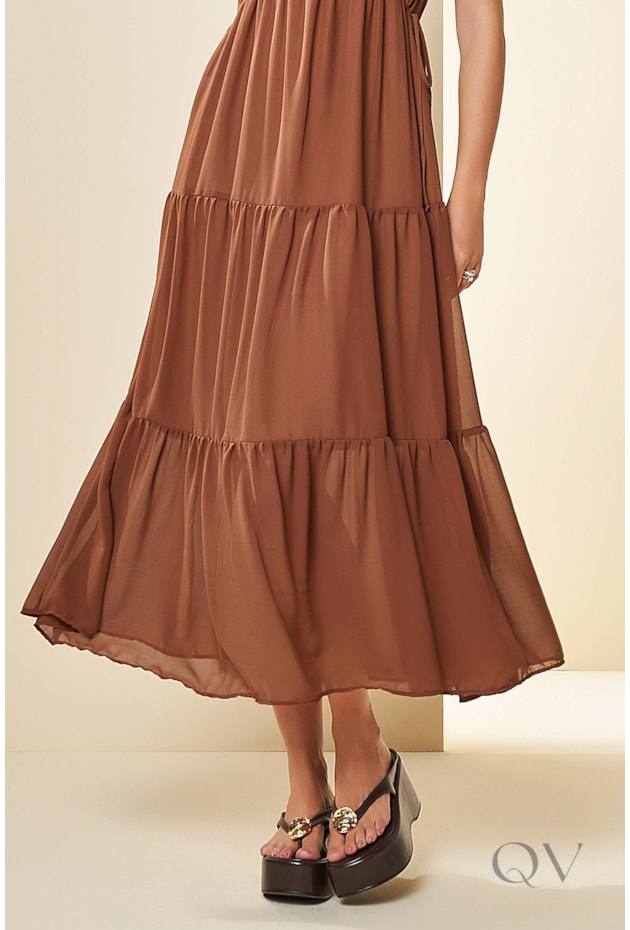 VESTIDO MAXI MIDI SEM MANGA EM PLANO MARROM - DOCE TRAMA