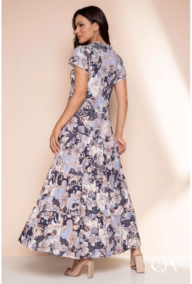 VESTIDO MAXI MIDI TRÊS MARIAS FLORAL AZUL - LEKAZIS