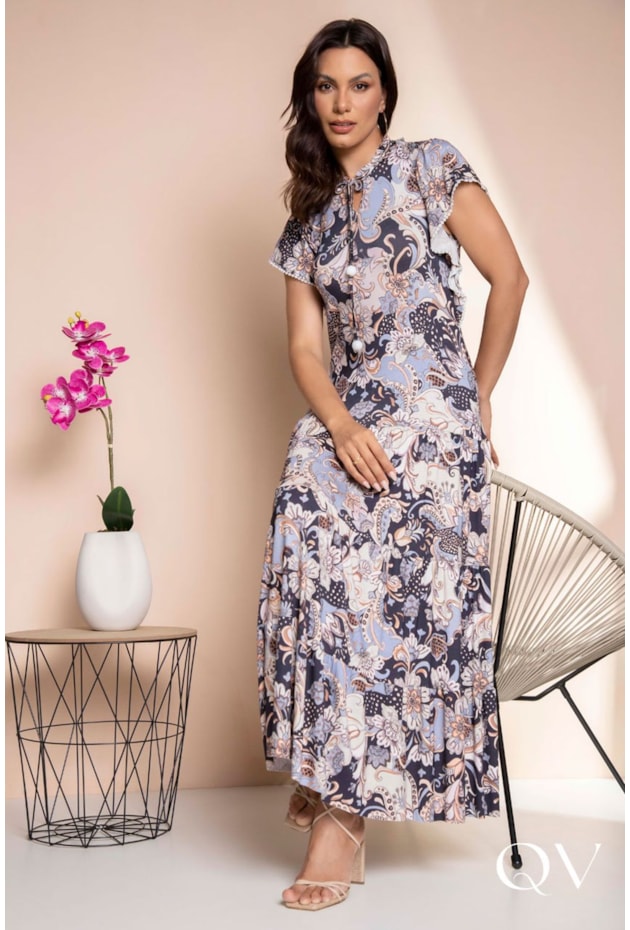 VESTIDO MAXI MIDI TRÊS MARIAS FLORAL AZUL - LEKAZIS