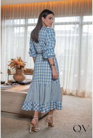 VESTIDO MAXI MIDI TRICOLINE VICHY COMPOSÊ AZUL - LUZIA FAZZOLLI
