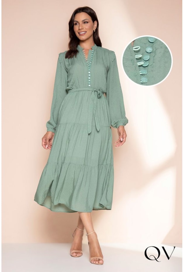 VESTIDO MAXI MIDI VISCOSE MAQUINETADA VERDE - LEKAZIS