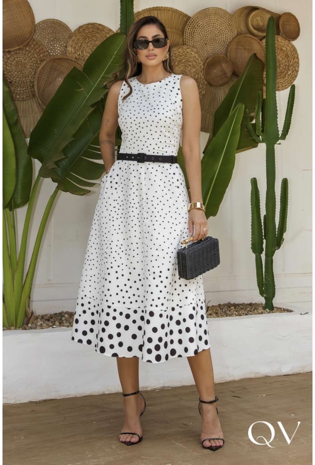 Vestido Midi Vestido Poá Vestido Midi Em Alfaiataria Estampa Poá