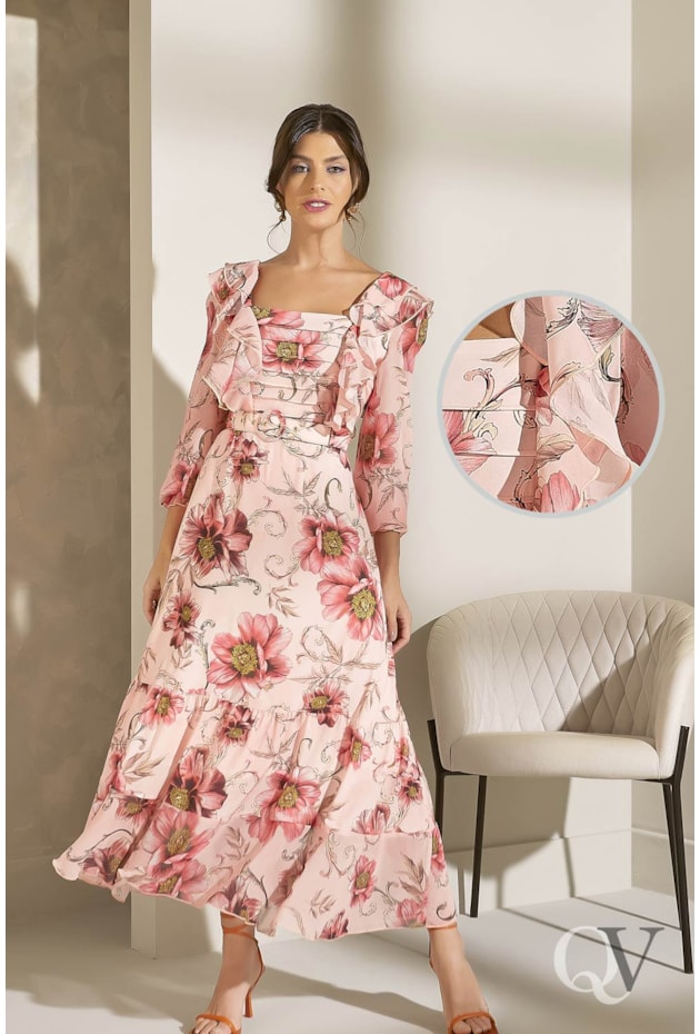 VESTIDO MIDI BABADOS E FLORAL ROSÊ - JANY PIM