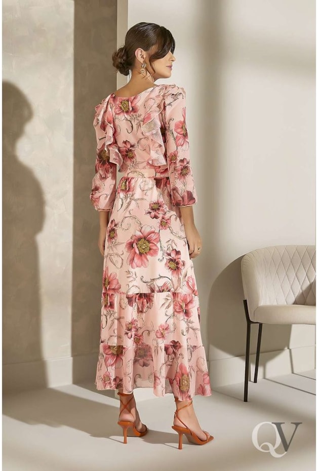 VESTIDO MIDI BABADOS E FLORAL ROSÊ - JANY PIM