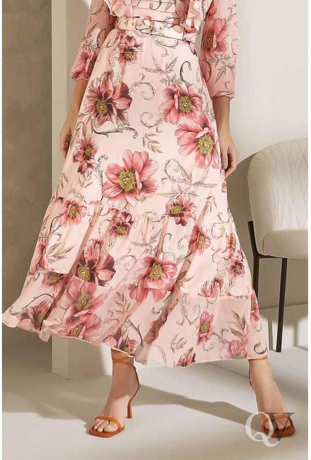 VESTIDO MIDI BABADOS E FLORAL ROSÊ - JANY PIM VESTIDO MIDI BABADOS E FLORAL ROSÊ - JANY PIM