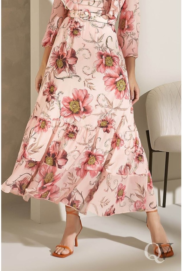 VESTIDO MIDI BABADOS E FLORAL ROSÊ - JANY PIM