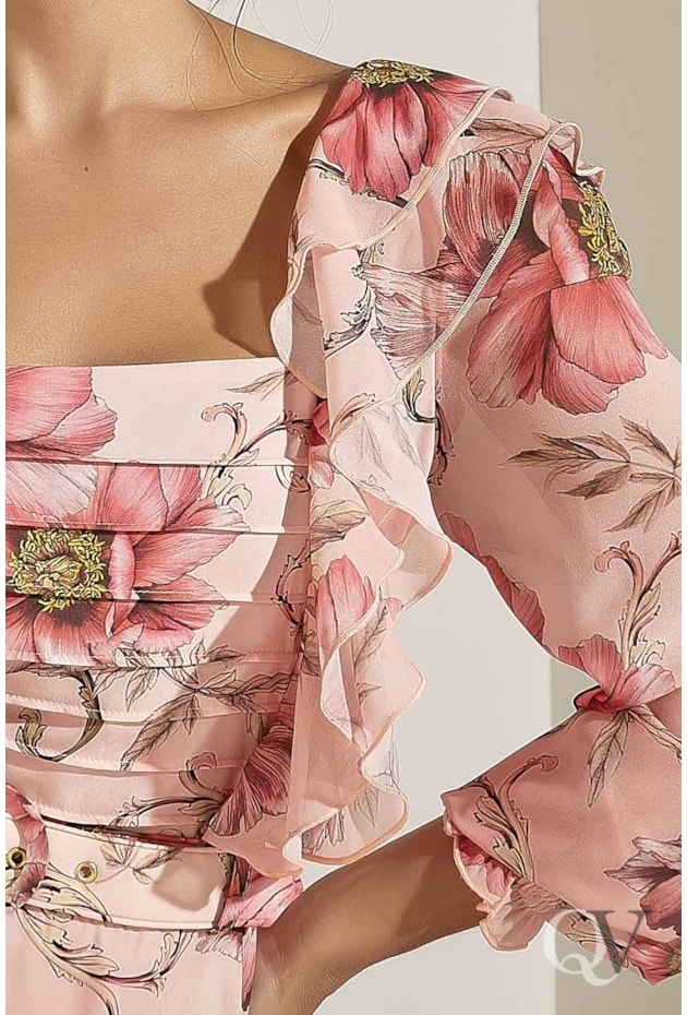 VESTIDO MIDI BABADOS E FLORAL ROSÊ - JANY PIM VESTIDO MIDI BABADOS E FLORAL ROSÊ - JANY PIM