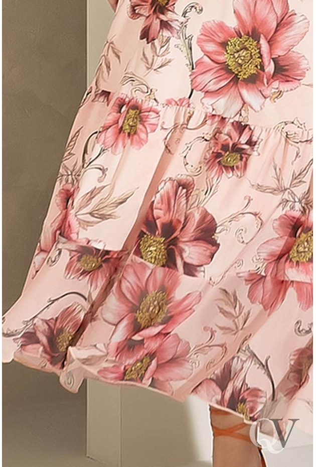 VESTIDO MIDI BABADOS E FLORAL ROSÊ - JANY PIM VESTIDO MIDI BABADOS E FLORAL ROSÊ - JANY PIM