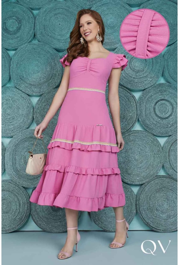 VESTIDO MIDI BUSTO DRAPEADO E BABADINHOS ROSA - FASCÍNIUS