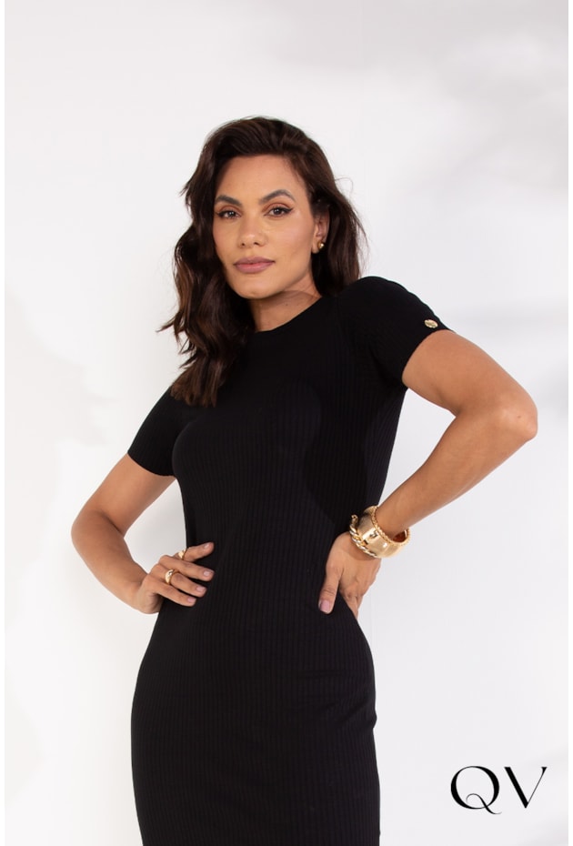 VESTIDO MIDI CANELADO PRETO - LEKAZIS