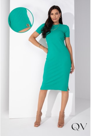 VESTIDO MIDI CANELADO VERDE ÁGUA - LEKAZIS