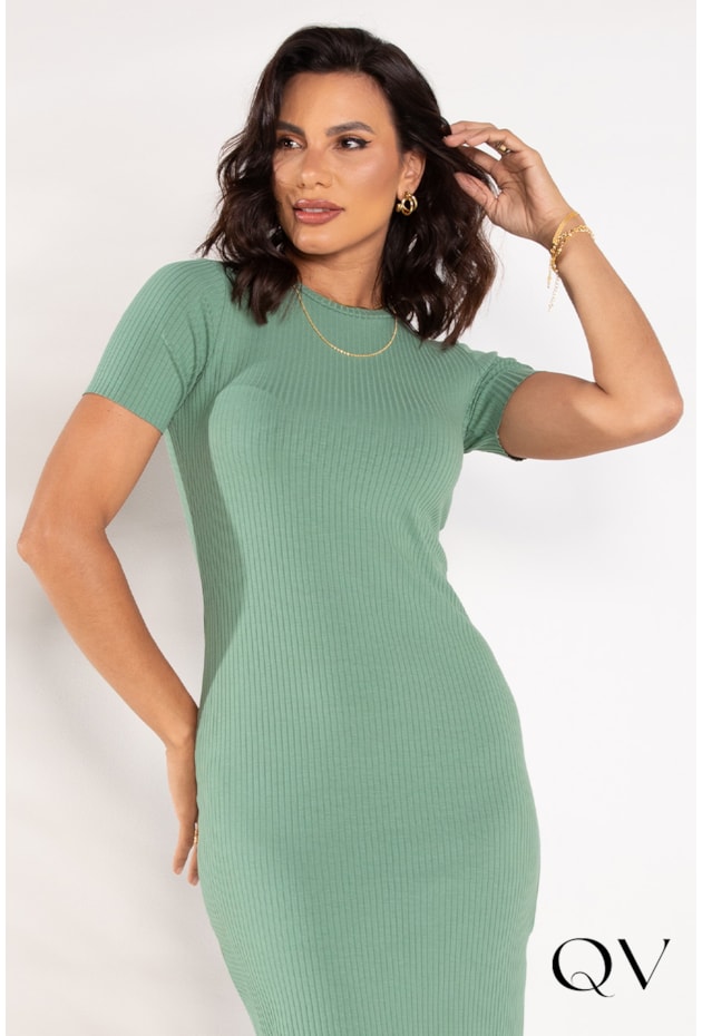 VESTIDO MIDI CANELADO VERDE CLARO - LEKAZIS