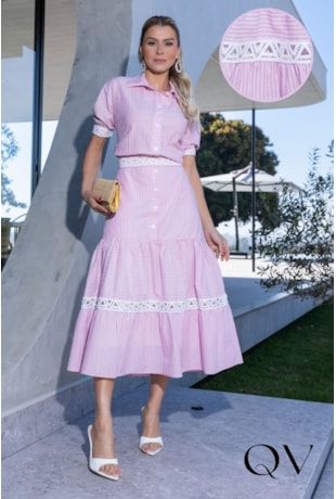 VESTIDO MIDI CHEMISE EM FIO TINTO COM ENTREMEIO ROSA - LUZIA FAZZOLLI