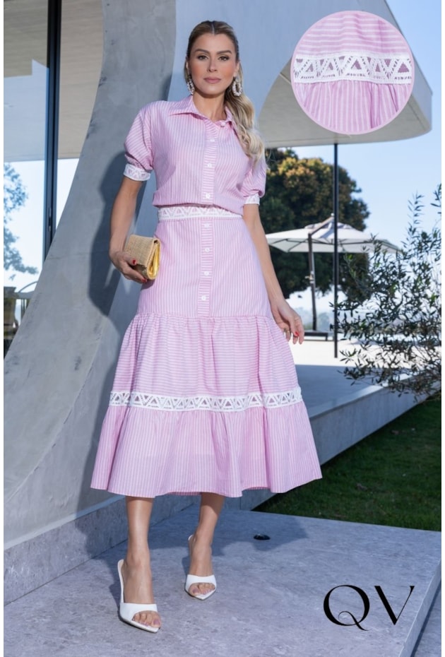 VESTIDO MIDI CHEMISE EM FIO TINTO COM ENTREMEIO ROSA - LUZIA FAZZOLLI
