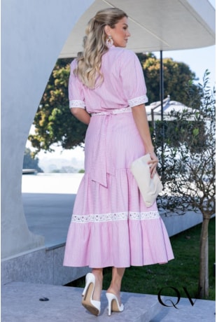 VESTIDO MIDI CHEMISE EM FIO TINTO COM ENTREMEIO ROSA - LUZIA FAZZOLLI