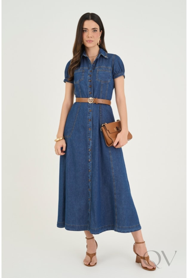 VESTIDO MIDI CHEMISE EM JEANS COM BOLSOS - VIA TOLENTINO