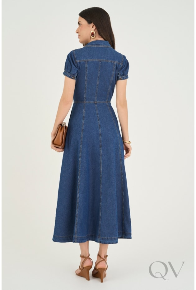 VESTIDO MIDI CHEMISE EM JEANS COM BOLSOS - VIA TOLENTINO