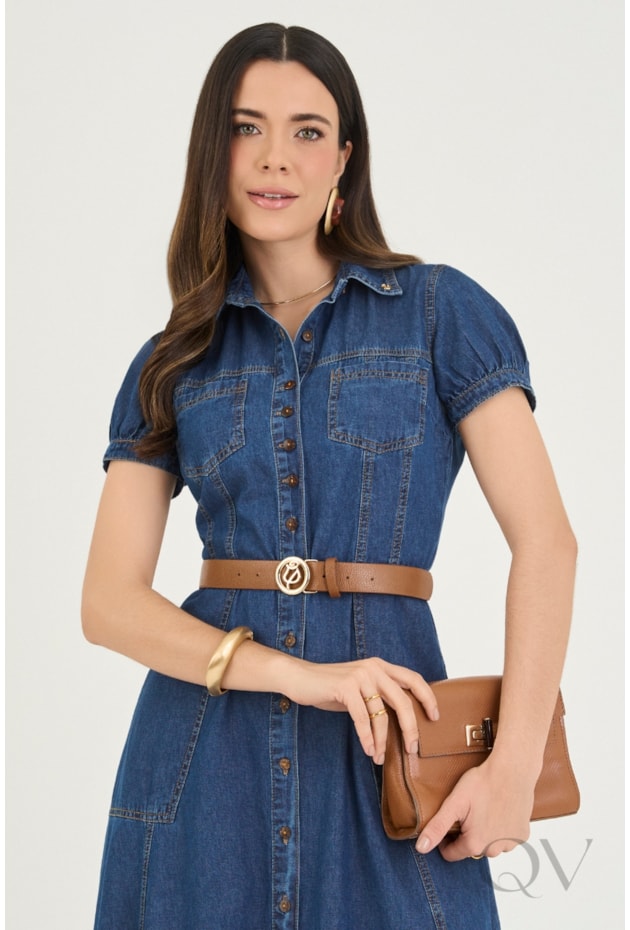 VESTIDO MIDI CHEMISE EM JEANS COM BOLSOS - VIA TOLENTINO