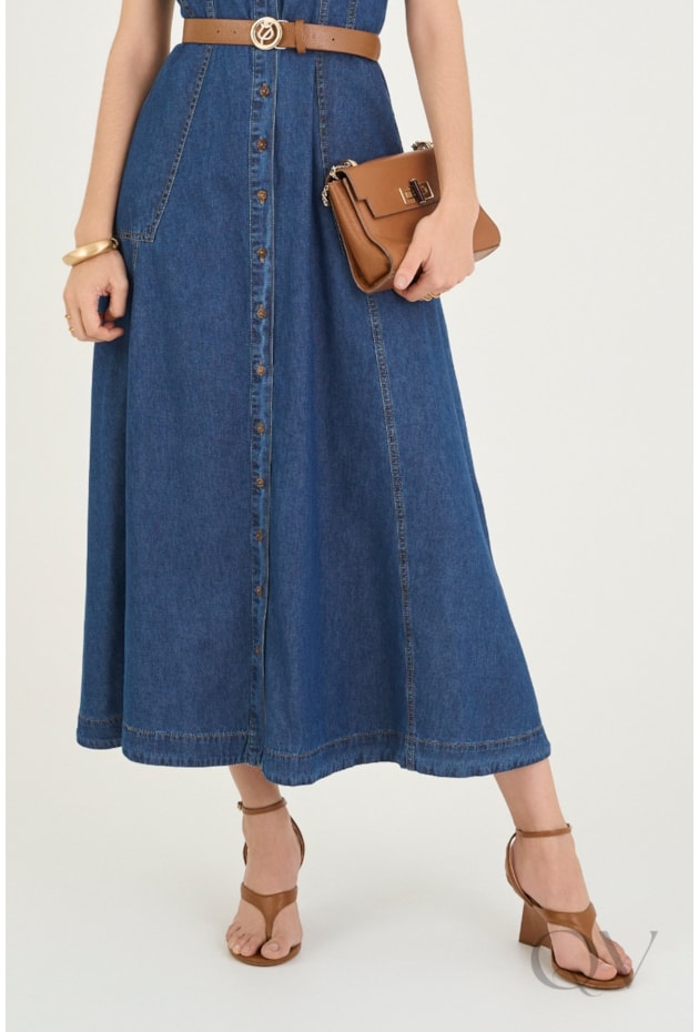 VESTIDO MIDI CHEMISE EM JEANS COM BOLSOS - VIA TOLENTINO