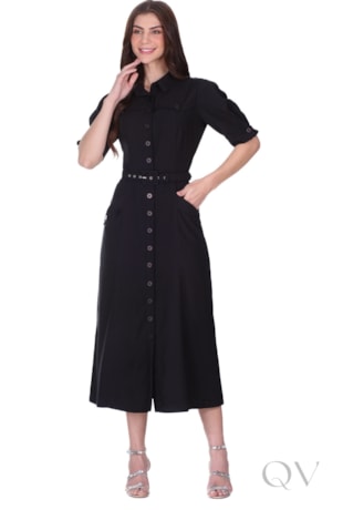 VESTIDO MIDI CHEMISE EM TECIDO PLANO COM CINTO PRETO - HAPUK