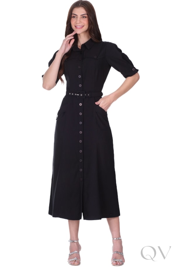VESTIDO MIDI CHEMISE EM TECIDO PLANO COM CINTO PRETO - HAPUK