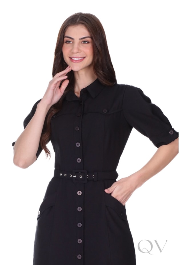 VESTIDO MIDI CHEMISE EM TECIDO PLANO COM CINTO PRETO - HAPUK