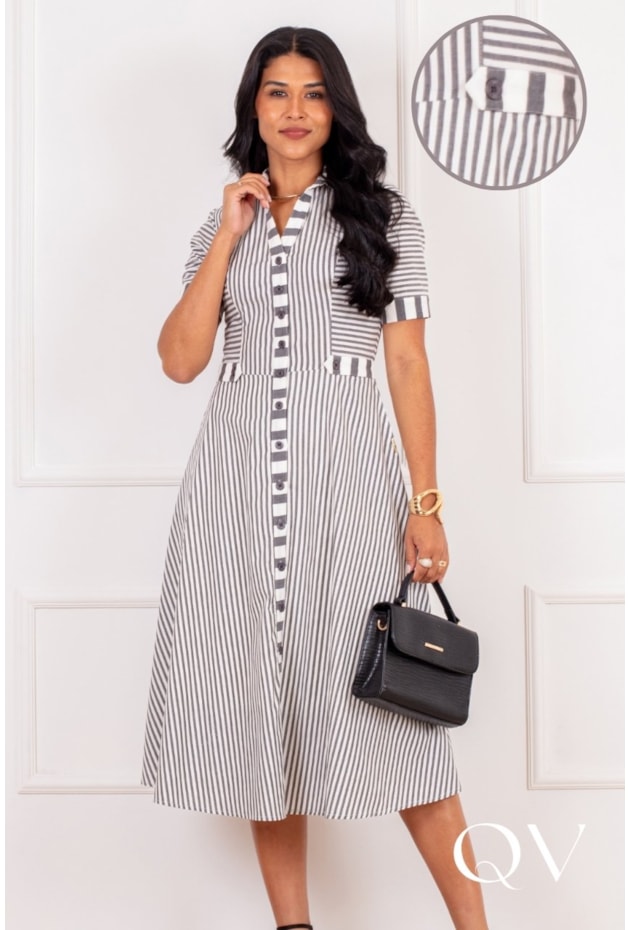 VESTIDO MIDI CHEMISE LISTRADO EM ALGODÃO PRETO - PURO SHARMY